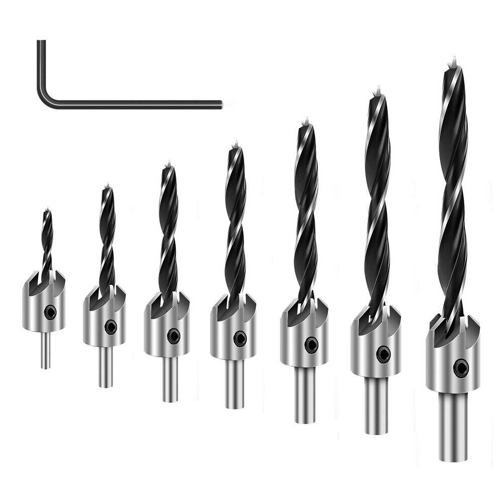 COMOWARE Countersink Drill Bit Sets- 8 Pcs Counter Sinker Drill Bits for Wood, High Carbon Steel with Chamfering Combination,1 Free Hex Key Wrench