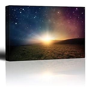 Green Field Surrounded by Mountains as The Sun Begins to Rise on a Blue and Red Galactic Sky - Canvas Art Home Art - 12x18 inches