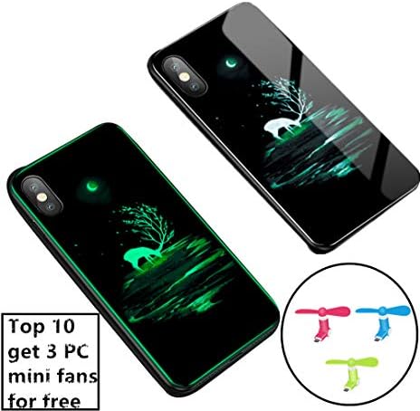 Luminous Fashion Tempered Glass Hybrid Case Back Glow Design Protective Cover Effect TPU Soft Case Ultra Thin Anti-bump Shell Glow In Dark Fluorescent Cover Compatible iPhone XS MAX Case (Deer)