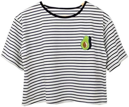 Kawaii Cotton Crop Tops Tees Embroidery Striped Avocado Design