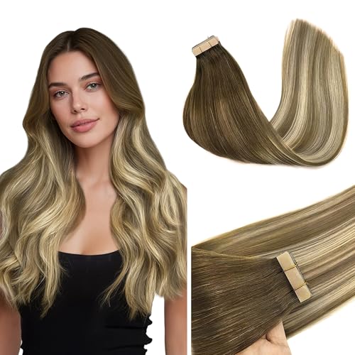 GOO GOO Adhesive Hair Extensions Natural Hair, 50 cm 20pcs 50 g Walnut Brown to Ash Brown and Whitish Blonde Hair Extensions, Remy Hair Extensions Natural Real Human Hair