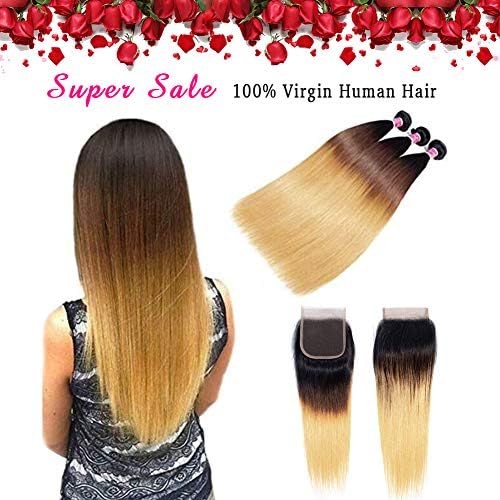 Brazilian Virgin Hair Ombre Bundles With Closure Free Part Three Tone Honey Blonde Ombre 3 Bundles With 4x4 Lace Closure T1B/4/27 Straight Bundles Human Hair Weave Alina Hair (14 16 18+12inch closure)