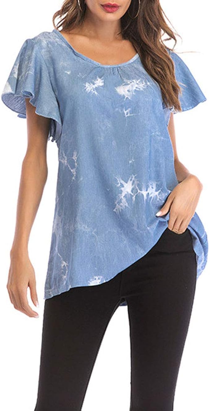 Denim Shirt Ladies Summer Short Sleeve Round Neck Tops Comfortable