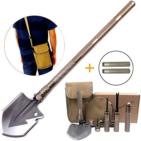 ASDEER Military Folding Shovel kit, Multi Portable Tools Tactical Steel Spade with Knife Compass Bottle Opener Ax, for Camping Hiking Traveling with 2 Piece Extension Tube (39.76 inch) /Carrying Pouch