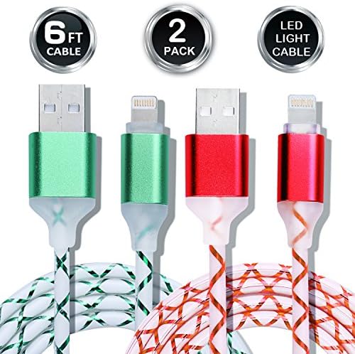 Lightning Cable, HelloEdge iPhone USB Charging Cable 6FT LED Light Blue Color Night Light Glowing High Speed Cord for Apple iPhone, iPad, iPod (2 Pack) (Green+Red)