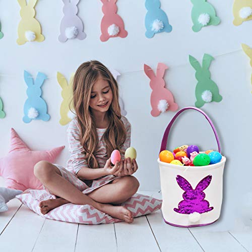Poptrend Easter Basket Bags,Easter Eggs/Gift Baskets for Kids,Bunny Tote Bag Bucket for Easter Eggs,Toys, Candy,Gifts (Purple Paillette)