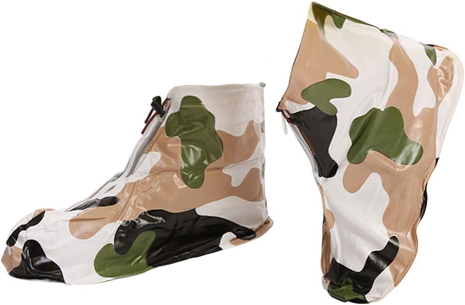 Florica Waterproof Shoe Cover Overshoes Rainy Boots Anti-Slip Reusable Camouflage with Zippered Against Rain and Mud for Adult Children (M, Green)