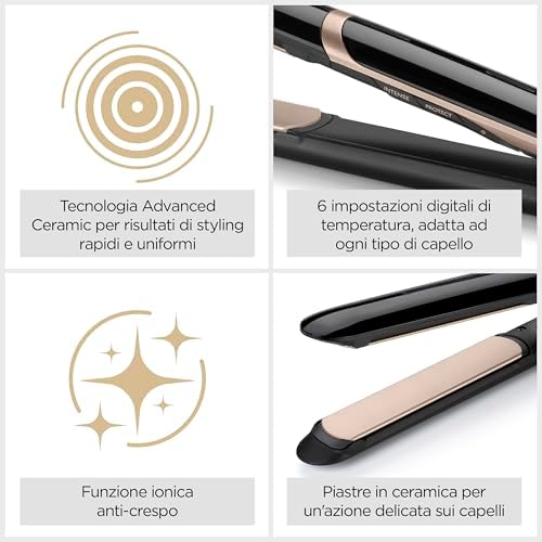 Piastra Capelli Super Smooth, funzione ionica anti-crespo, tappetino termo-resistente, Tecnologia Advanced Ceramic, Riscaldamento rapido, 6 temperature da 140°C a 235°C, ST393E