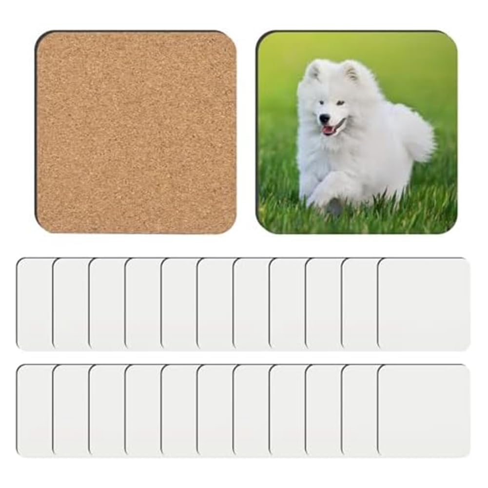 DHYAWUER 24 PCS Sublimation Coasters Blank MDF Cork Backed Heat Transfer Coasters for DIY Painting Art Crafts, 3.9 X 3.9 Inches