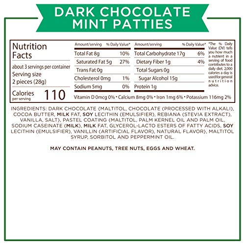 RUSSELL STOVER SUGAR FREE DARK CHOCOLATE MINT PATTIES WITH STEVIA, 3 OUNCE BAG