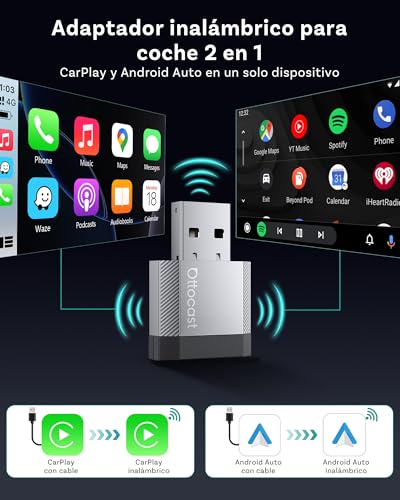 2026 Ottocast Mini Nova, Adaptador CarPlay y Android Auto Inalámbrico, USB Plug & Play, Conexión Automática, Diseño Compacto de Aluminio, Conexión Estable Doble Banda