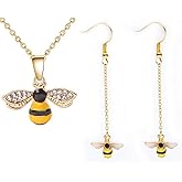 ALUOR Tiny Cute Gold Bee Pendant Necklace and Earrings Jewelry Set, Fashion Charm Crystal Rhinestone Enamel Honeybee Bumble Bee Pendant Jewelry Women
