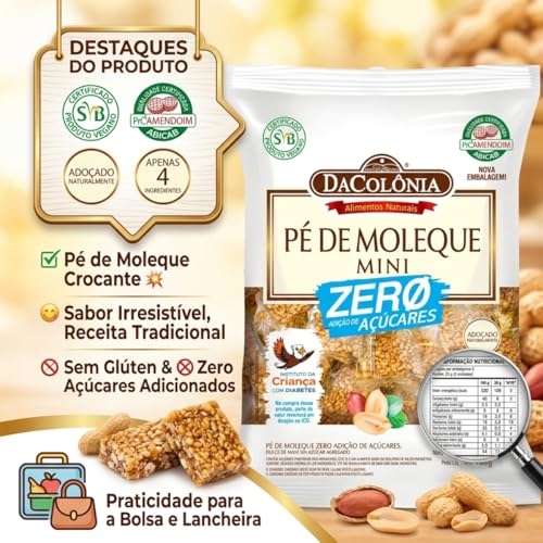 KIT 4x Muito sabor e ZERO AÇUCAR - DaColônia - 2 Bananinha (180g cada) - 2 Pé de Moleque (100g cada), total de 560g de produtos naturais (4 unid.)