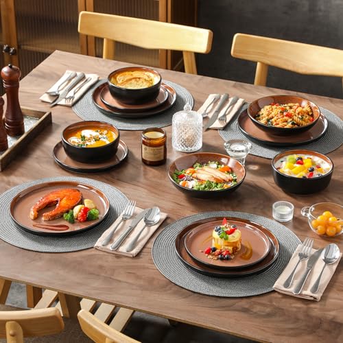 vancasso AMBER 6 Person Dinnerware Set, 24 Piece Stoneware Dinner Plates Set - Flat Plates, Dessert Plates, Pasta Bowls and Bowls - Microwave Safe - Red Glaze