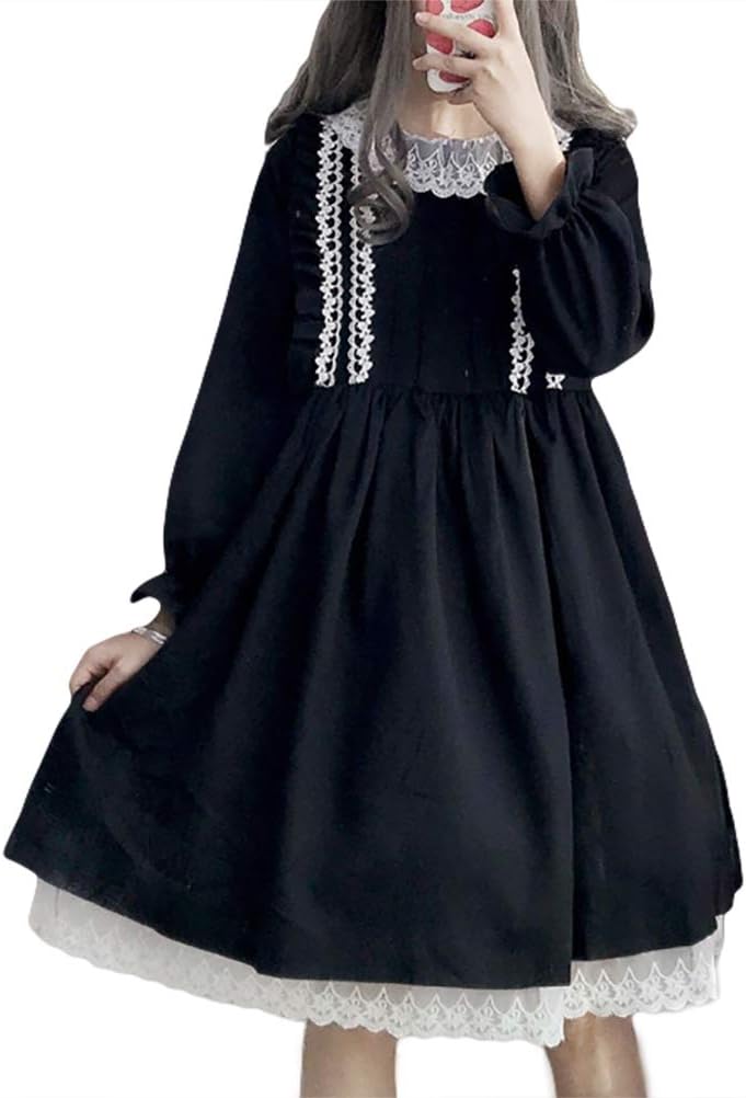 Shanenxn Women's Cute Lace Hem Long Sleeve Stitching Color Pullover A-Line Midi Long Dress Black