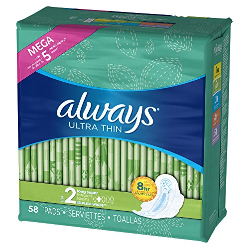Always Ultra Thin Super Pads, With Wings, 58 Count