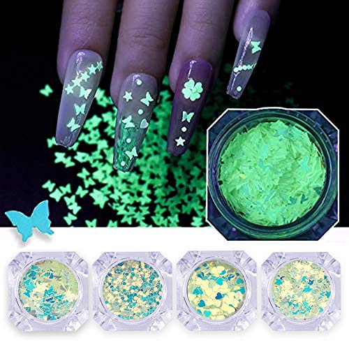 BISHENGYF 4 Boxes Luminous Nail Art Sequins, 3D Holography DIY Glitter Sequin Grow in The Dark with Butterfly Heart Stars Sun Shapes for Nail Art Manicure Decoration