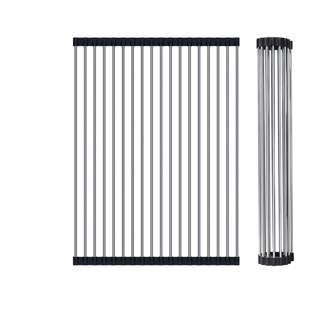 Roll-Up Dish Drying Rack, Kitchen Over Sink Drainer Rack with FDA Grade Non-Slip Silicone and 304 Stainless Steel Pipe, Heat Resistant Mat, Heavy Duty Dish Drainers, for Vegetables/Fruits,47 X 34cm