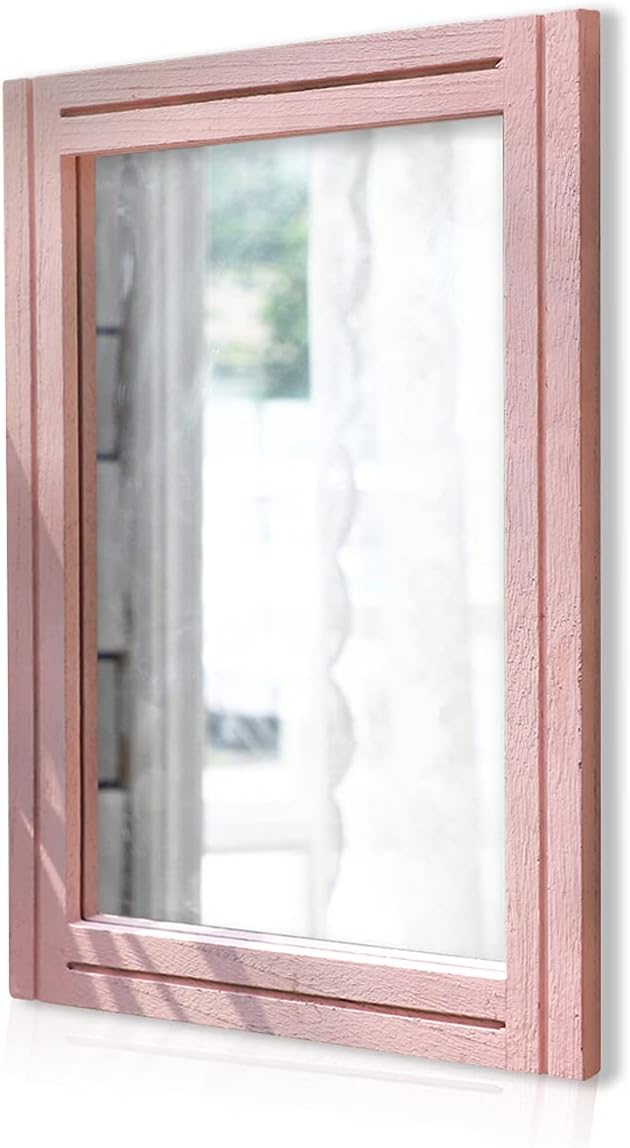 Rectangle Rustic Mirror with Wood Frame Farmhouse Bedroom Hanging Wall Mirror Decor Living Room Bathroom Vanity Mirror Pink