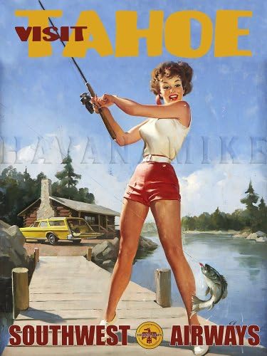 Visit Tahoe via Soutwest Airways Vintage Style Fishing Pinup Girl Art Print Poster - Measures 24" high x 18" Wide (610mm high x 458mm Wide)