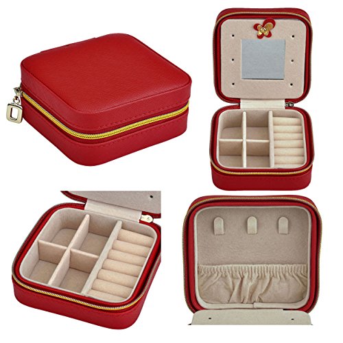 CozyCabin Vintage Small Jewelry Box Organizer Makeup Box Case Leather Rings Earrings Organizer for Travel Outdoor (Red)