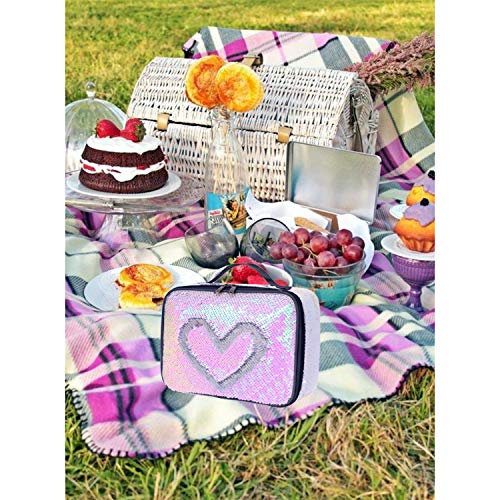 Manicer Sequin Lunch Box, Insulated Sparkle Lunch Bag Flip Color Change Reversible Fashion Lunch Tote, Ideal for Girls, Women and Kids - Laser Silver + Pink