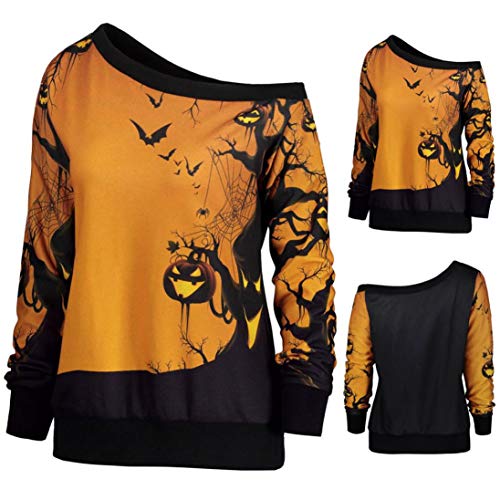 Women Halloween Party Skew Neck Pumpkin Print Jumper Pullover Sweatshirt Tops by Limsea - Thumbnail 2