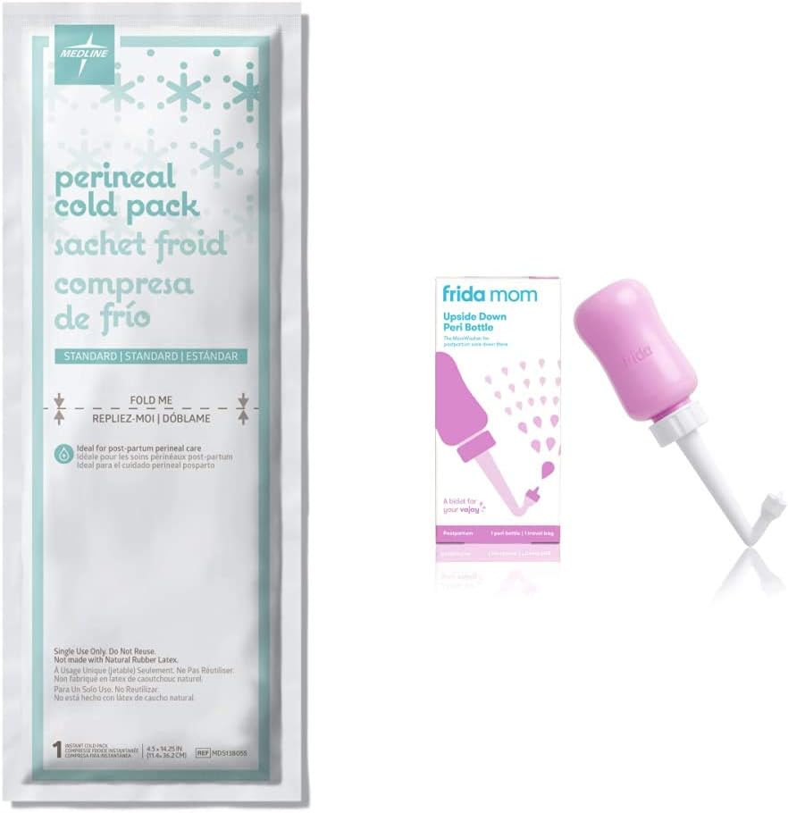 Medline MDS138055 Standard Perineal Cold Packs, 4.5" x 14.25", Pack of 24, Green & Frida Mom Upside Down Peri Bottle for Postpartum Care | The Original Fridababy MomWasher