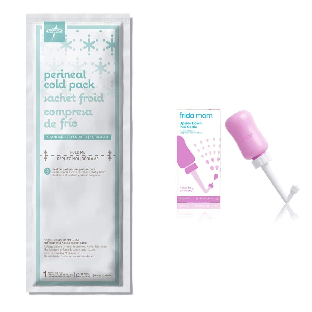 Medline MDS138055 Standard Perineal Cold Packs, 4.5" x 14.25", Pack of 24, Green & Frida Mom Upside Down Peri Bottle for Postpartum Care | The Original Fridababy MomWasher