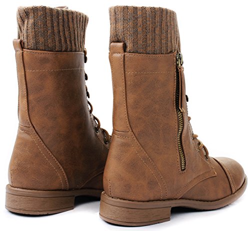 JJF Shoes Women Justina58 Tan Leatherette Sweater Cuff Lace Up Decorative Zipper Mid Calf Ankle Combat Boots-10