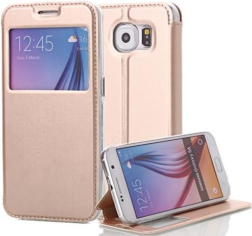 Galaxy S6 Case, oneCase™ Sun Series Big Window View Premium PU Leather Magnetic Closure Folio Case Flip View Cover with Stand for Samsung Galaxy S6 with Retail package (Flip View-Gold)