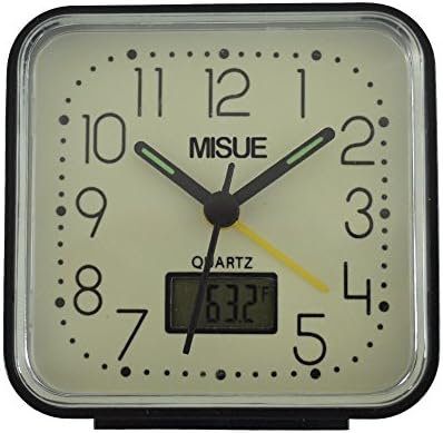 MISUE Analog Quite Silent non ticking Travel Desktop Clock with Indoor Temperature display, Alarm and Light in Dark