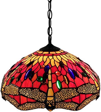 Whse of Tiffany P161467A Tiffany Style Dragonfly Hanging Lamp, Red