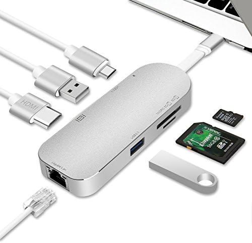 USB C Hub,Type C Hub ALLFU Aluminum 7-in-1 USB C Adapter Type C 3.1 Charging Port with 4K HDMI Port, 2 USB 3.0 Ports, SD/TF Card Reader and RJ45 Ethernet for Macbook Pro, Google Chromebook- Silver
