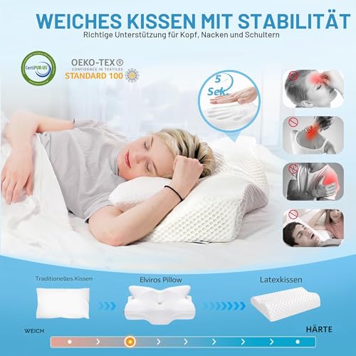 Elviros Orthopaedic Memory Foam Pillow, Side Sleeper Pillow, Neck Support Pillow, Ergonomic Sleeping Pillow for Shoulder Pain (64 x 12.5/10.5 x 38 cm)