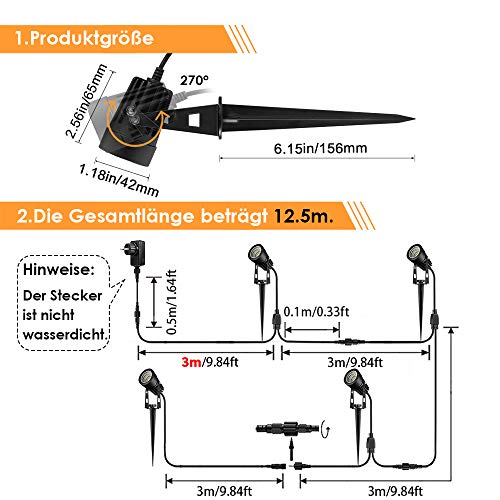 Gartenbeleuchtung B-right 4er Set 3W Gartenleuchte mit Erdspieß, Gartenstrahler mit Stecker, Gartenlicht Gartenlampe mit… – Bild 6