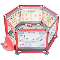 Olpchee Portable Assembled Indoor Baby Playards Safety Crawling Fence Playpen with Cushion and Cognitive Pattern on Fence (Pink)