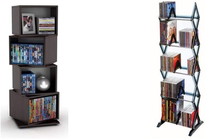 Atlantic 4 Tier Rotating Cube Espresso & Mitsu 5-Tier Media Rack - 130 CD or 90 DVD/BluRay/Games in Clear Smoke Finish, PN64835195