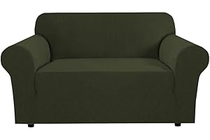 H.VERSAILTEX Stretch Couch Cover Loveseat Covers for 2 Cushion Couch Sofa Slipcover for Love Seat 1 Piece with Elastic Bottom, Checked Jacquard Fabric(Loveseat 58"-70" Wide, Olive)