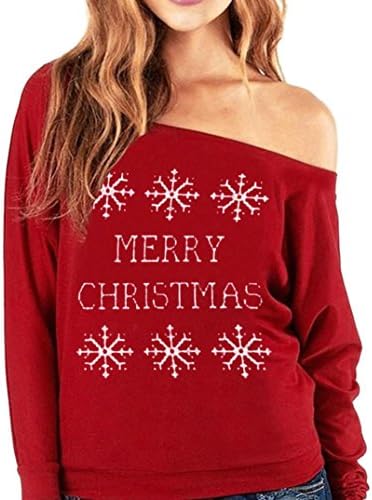 Women Blouse Girls Merry Christmas Letter Print Long Sleeve Pullover Loose Cotton Spandex Slash neck Sweatshirt Ladies Casual Holiday Tops by DUORDUO (M, Red)
