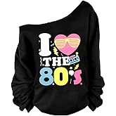 Women 80s Shirts 1980S Womens Disco Themed Graphic Outfits 80's Off The Shoulder Party Tops Oversized Long Sleeve Tee