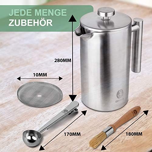 Coffeema® Premium French Press 1 Liter – Hochwertiger Kaffeebereiter – Inklusive Zubehör – Moderne Stahloptik (Edelstahl… – Bild 3