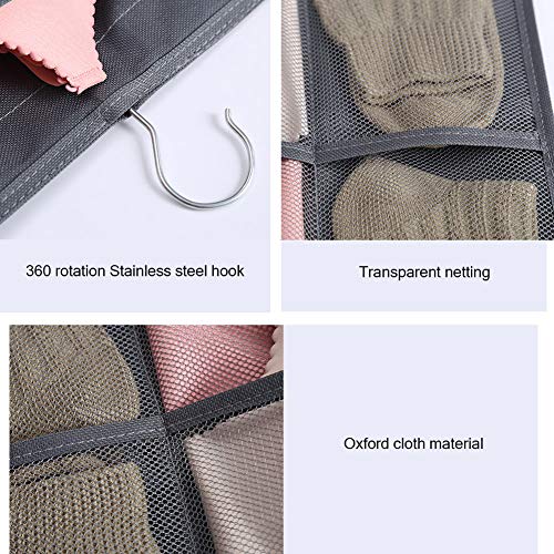 Aoolife 30 Mesh Pockets Hanging Storage Organiser with Metal Hanger, Dual-Sided Hanging Closet Organizer for Underwear, Stocking,Bra and Sock (Grey) - Thumbnail 3