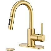YardMonet Bathroom Sink Faucet with Pull Down Sprayer,Single Handle Pull Out Faucet with Pop-Up Drain, 1 or 3 Hole Laundry Bar Basin Brushed Gold Faucet with Deck Plate