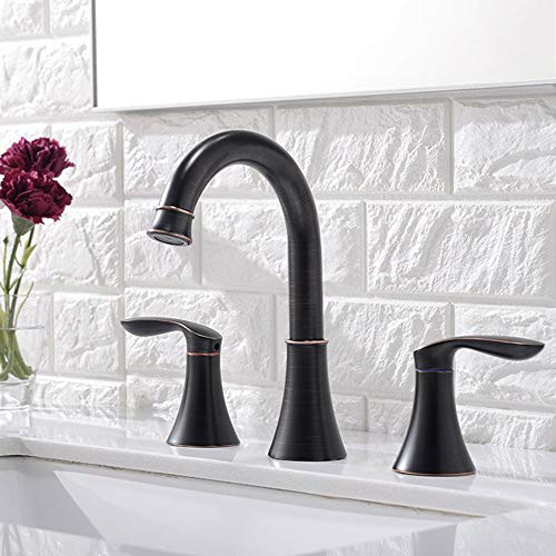 Friho Lead-Free 2 Handle 3 Holes Lavatory Vanity Oil Rubbed Bronze Bathroom Faucet, Bathroom Vessel Sink Faucet with Water Hoses and Pop Up Drain Stopper