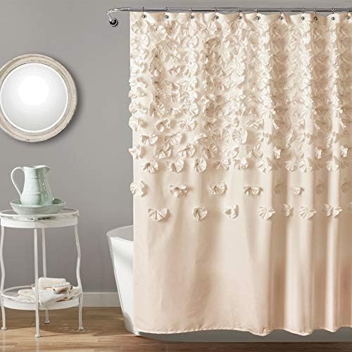 Lush Decor Lucia Shower Curtain - Fabric, Ruched, Floral, Textured Shabby Chic, Farmhouse Style Design, 72? x 72?, Ivory