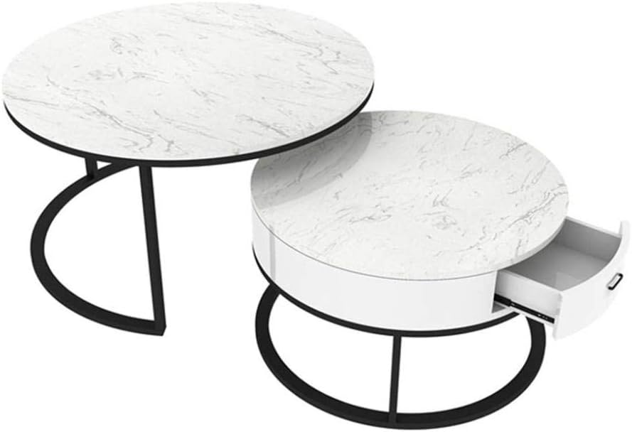 Set of 2 Side Tables with Storage Round Coffee Nesting End Tables for Living Room Marble Modern Furniture Decor,white 80 * 45cm