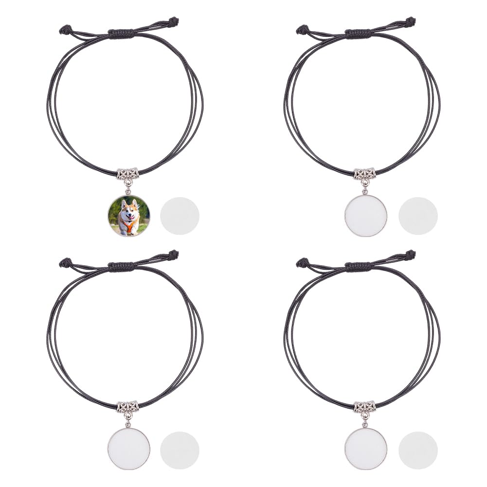 PH PandaHall 4 Sets Sublimation Blank Bracelets Heat Transfer Bracelet Flat Round Blank Bracelet Sublimation Jewellery with Black Waxed Cord Bezel Setting for Men Women Wedding Graduation DIY Craft