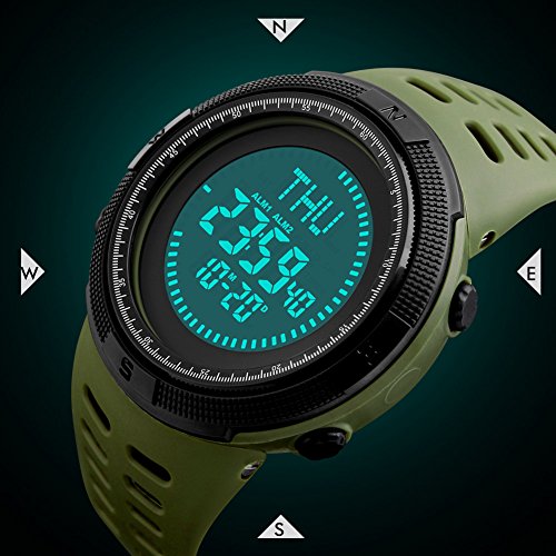Men's Outdoor Survival Sports Digital Led Watches With Compass 5ATM Water Countdown 3 Alarm Stopwatch (Army Green)