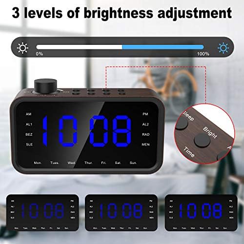 Digital Alarm Clock Radio, WoodGrain FM Radio with Large Blue LED